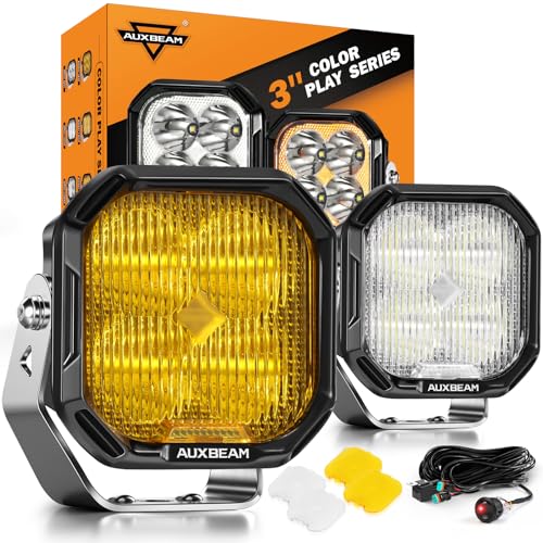 Image of Auxbeam Color Play Series 3 inch Fog Beam LED Pods Cube Offroad Lights 2-Pack | 120 Wide-Angle Optical Lens, DRL & Turn Signal, Amber White Dual Color Covers, 100W 11600LM, Universal Ditch Lights