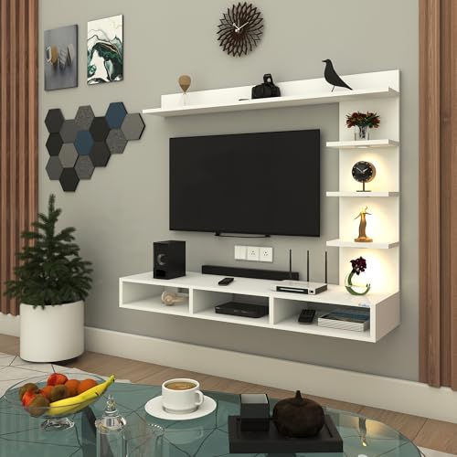 Image of Anikaa Tyron Engineered Wood Wall Mount TV Unit /TV Stand /Wall Set Top Box Stand /TV Cabinet /TV Entertainment Unit with LED Light (White)(Ideal for Upto 42 inch)(D.I.Y)