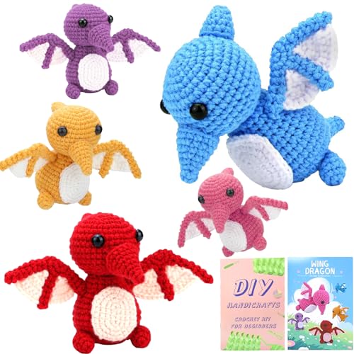 BoloShine Beginners Crochet Kits for Adults, DIY Keychain with Crocheting Book Video Tutorials, Amigurumi Crafts Set with Hooks and Yarns for Starters, Wild Animals Knitting Kit - Pterosaur