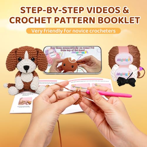 Image of Mewaii Crochet Kit for Beginners Level 2 with 40% Extra Eco-Friendly Pre-Started Easy Yarn, Step-by-Step Video Tutorials for Adults and Kids (Sitting Puppy)
