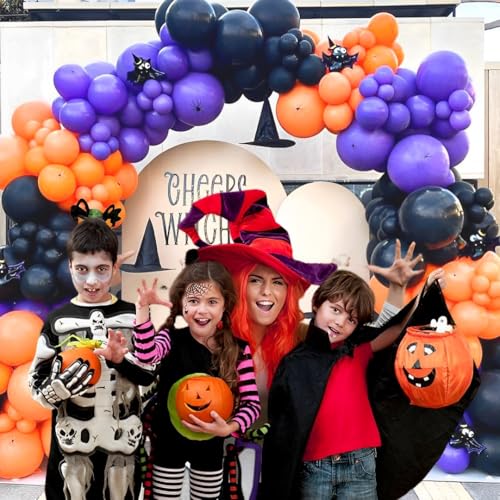 Halloween Party Balloons 12 Inch Black, Orange and Purple Balloons with Black Ribbon for Halloween D