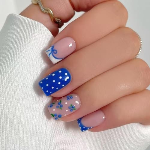 Spring French Press on Nails Short Square Fake Nails with Blueber...