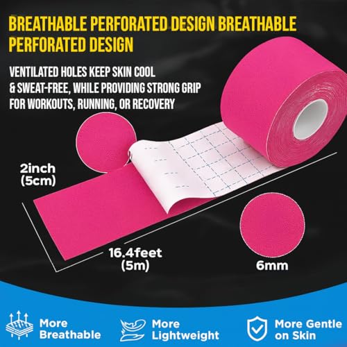 Image of PulseITSportsTape Kinesiology Tape- Waterproof & Sweatproof Sports Tape for Muscle Support, Pain Relief & Injury Recovery | Athletic Physio Tape for Knee, Shoulder, Ankle. 5cm x 5m (Plain, Pink)