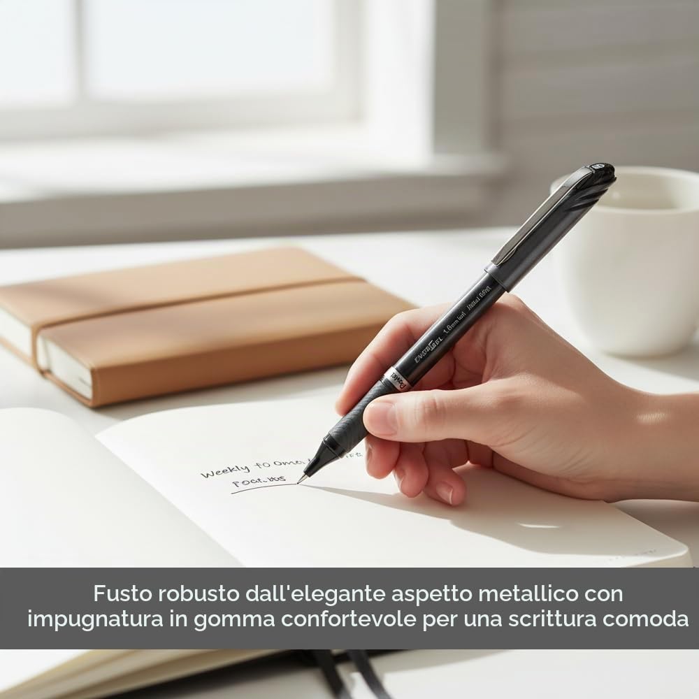 Pentel Energel Plus, Penna gel inchiostro, 1.0 mm, Nero, Pacco da 12, 12 Pezzi