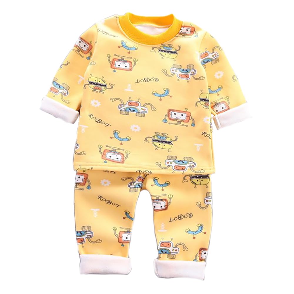 Bold N ElegantWinter Warm Fleece Kid's Car Robot Cartoon Print Thick Sweatshirt Tshirt and Lower Clothing Set for Baby Boys Girls Kids