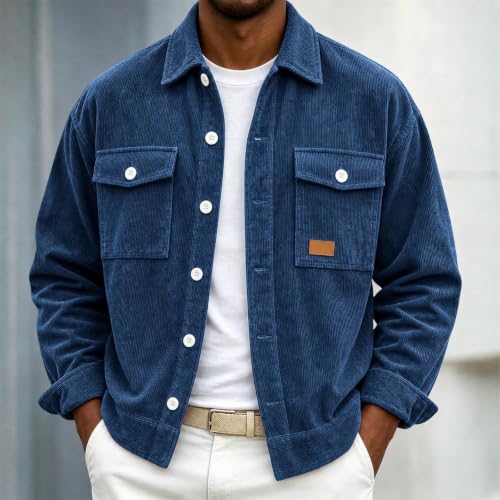 Corduroy Jacket Men Long Sleeve Button Down Chest Pockets Casual Shacket - image 2