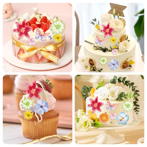 60 Stück Tortendeko Blumen Essbar, Essbare Blumen Für Torte, Torten Deko Schmetterling Kirschblüten Esspapier Blüten Kuchendeko Geburtstag Für Essbare Cupcake Topper Kuchen Deko Hochzeit,Geburtstag