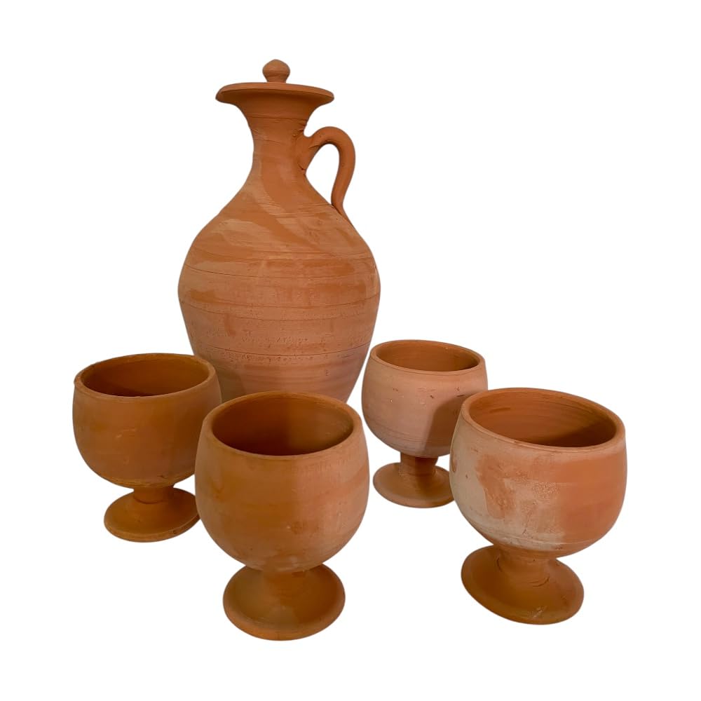 Set Berbero Marocchino in Terracotta, Brocca 2,5L con 4 Bicchieri, Fatto a Mano, Caraffa 31cm con Bicchieri 11cm
