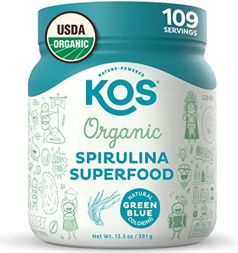 KOS USDA Organic Spirulina Powder - 100% Pure, Non-Irradiated Green Blue Spirulina Superfood Powder, Plant Based - Rich in Protein, Vitamins, Antioxidants & Fiber - Natural Taste, 13.5oz, 109 Servings