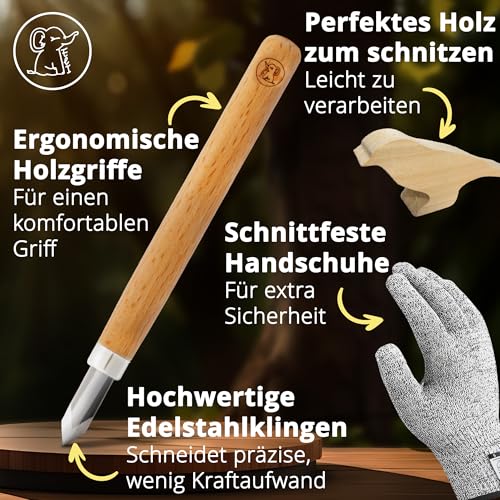 Eli® Schnitzset für Kinder (17-teilig) inkl. Schnitzanleitung - Rohling aus Holz Vogel - 12 hochwertige Schnitzwerkzeug - Schnitzmesser mit Schleifstein - prakt. Tasche zum Schnitzen