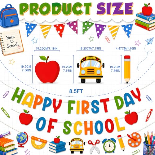 Image of Back to School Decorations - Happy First Day of School Banner Sign Decor for Indoor Outdoor | Back To School Garland Backdrop - Hanging Classroom Decor Party Favors Supplies