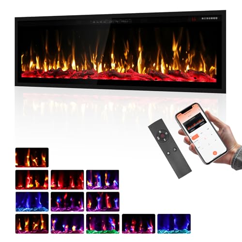 BREEZEHEAT 60 Inch Electric Fireplace-Smart WiFi Fireplace Heater Recessed Wall Mounted, Remote Control, Touch Screen, 750W/1500W, 8H Timer for Living