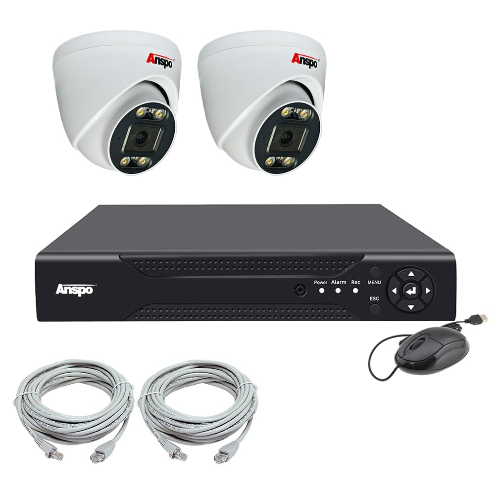PoE CCTV Camera System, 4K 4Ch NVR with 2 x 5MP Full Colour IP Dome Cameras, Outdoor Waterproof, Motion Detection, Colour Night Vision, Built-in MIC Audio Recording, 1TB Hard Drive