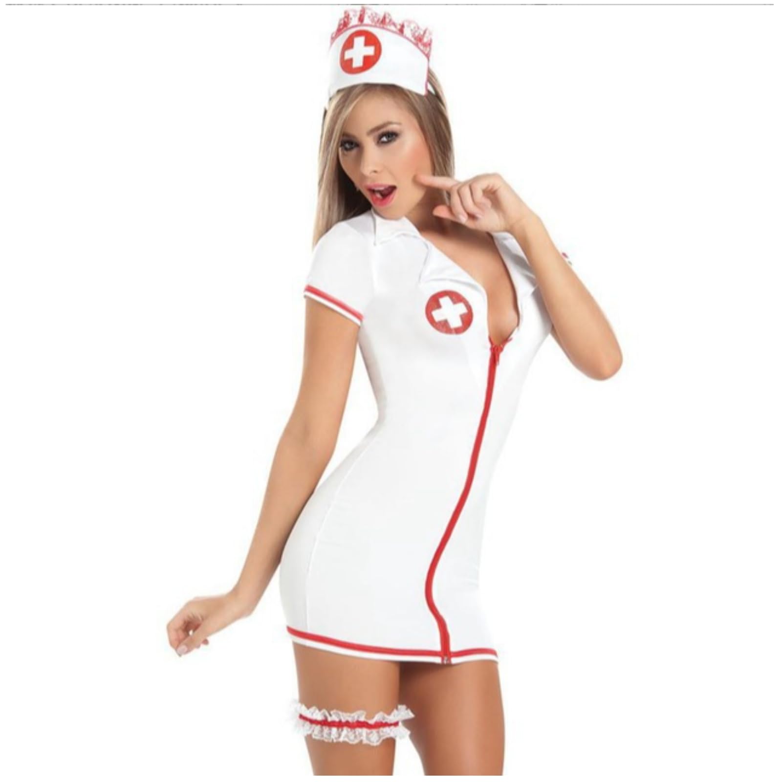 Women's Nurse Costume, White Mini Dress with Red Trim, Halloween Cosplay Outfit with Hair Clasp and Leg Belt
