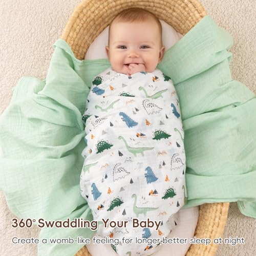 Image of david's kids 3 Pack Baby Muslin Swaddle Blankets, 100% Cotton and Ultra Soft Breathable Receiving Blanket Wrap for Boys Girls, New Born Essentials, Large 47 x 47 inches, Dinosaur