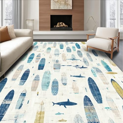 Image of Design&I Area Rug 6x9, Nautical Surf Board Marine Life & Surfing Beach House Decor, Machine Washable, Stain Resistant Indoor Rug for Living Room, Bedroom, Non Slip(Blue, 6x9)