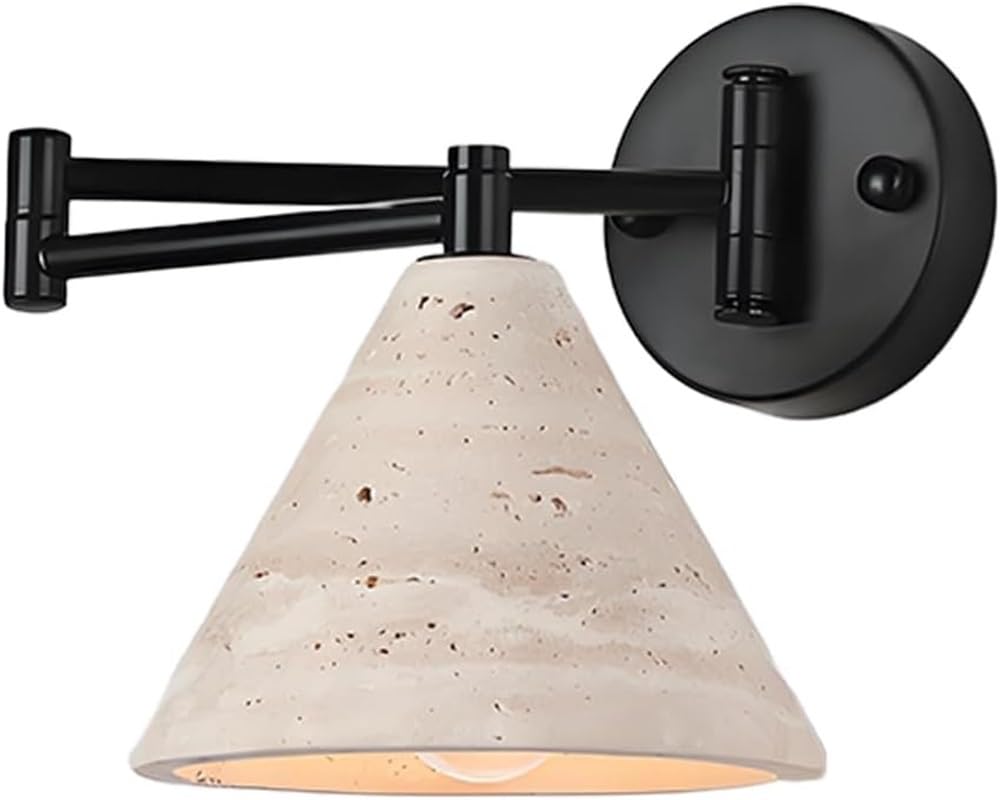 Uopyne B Adjustable Swing Arm Wall Lamp With Natural Travertine Stone Shade Matte Metal Finish Reading Light Fixture For Edside Edroom Living Room Modern Dimmable Wall Mounted Sconce Warm White Ambient