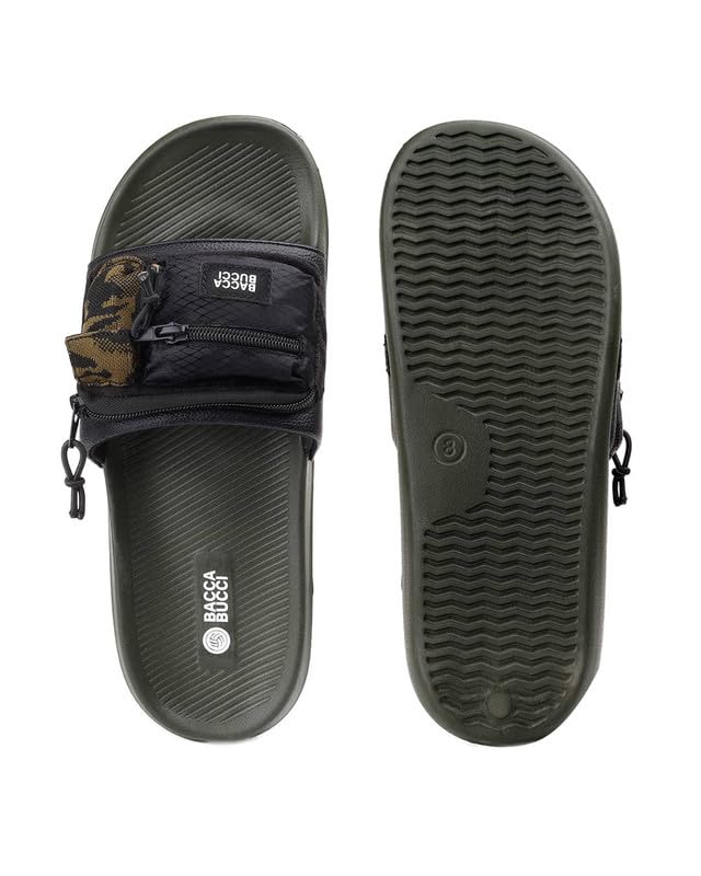 Image of Bacca Bucci Utility Slide for Men | Dual Pocket Slides with Zipper & Velcro Closure | Cushioned EVA Footbed | Casual & Outdoor Slippers