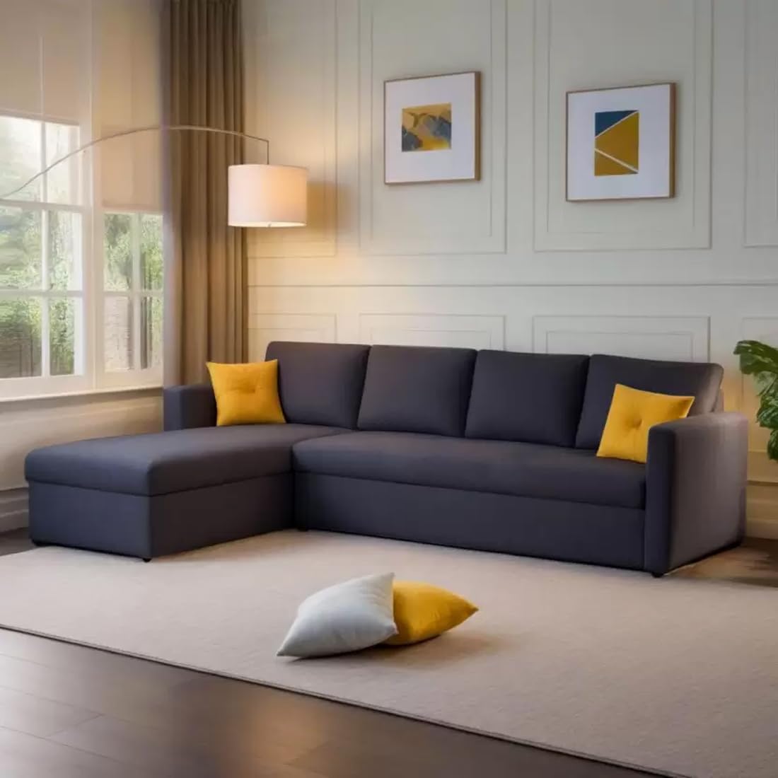 FURNY Arno 5 Seater Fabric LHS L Shape Sofa Set (Dark Grey)-image-27
