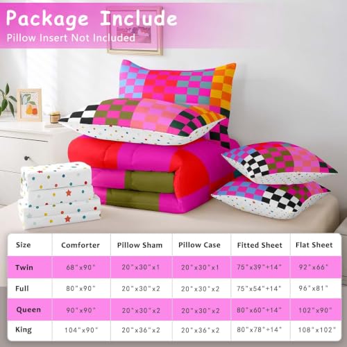 Image of Feelyou Multicolored Checkered Retro 7 Piece Bedding Set Kids Boys Girls Geometric Vintage Comforter Set with Sheets Queen Size Black Red Purple Bed in a Bag Modern Simple Groovy Aesthetic Room Decor