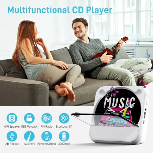 ZYOKATA Leitor de CD portátil para casa, leitor de CD recarregável de 2000 mAh com Bluetooth, leitor