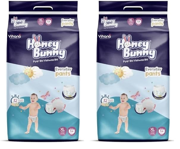 Honey Bunny Everyday Baby Diapers Pants | Extra Large (XL), 54 Count, 12-17 kg | Silky Soft on Skin | 12 Hours Protection Baby Diaper (Pack of 2)-image-30