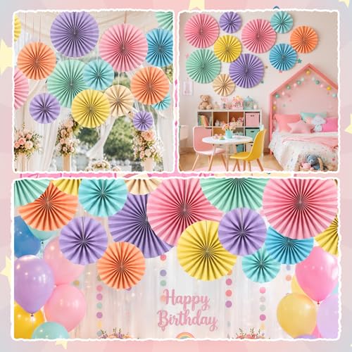Image of 18 Pcs Pastel Hanging Paper Fans Decor Pastel Paper Fans Round Garlands Bulletin Board Classroom Decorations for Birthday Classroom Backdrop Party Supplies