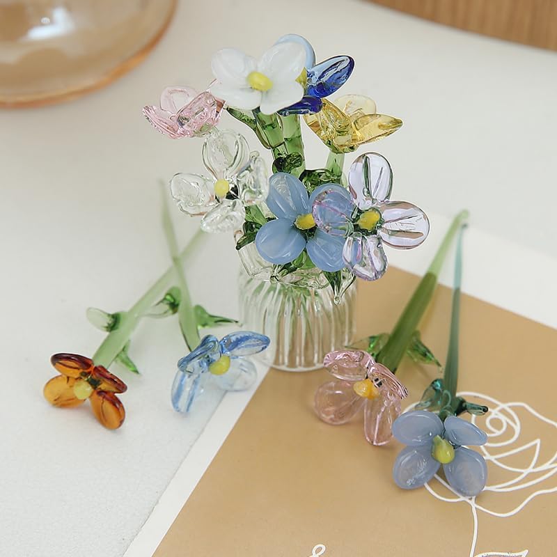 12Pcs Glass Flower and Vase Decor Mini Glass Daisy Flower Mix Color Artificial Flower Bouquet with Small Vase for Women Mom Wedding Mother's Day Christmas Birthday Gift DIY Craft