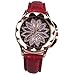 Ourine Montre à quartz pour femme en forme de fleur incrustées de strass, bracelet en cuir, montre à quartz rouge