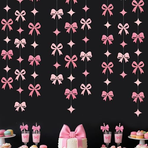 Image of Pink Bow Decorations Pink Glitter Paper Star Bow Hanging Garland Streamer Banner for Coquette Birthday Bridal Shower Wedding Anniversary Bachelorette Engagement Baby Shower Party Decorations Supplies