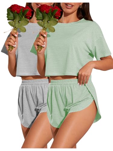 Image of OYOANGLE 2 Pack Pajama for Woman Set Summer Cute PJ Sets Striped Short Sleeve Tshirt and Split Shorts Lounge Set