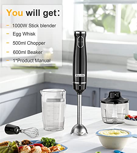 Facelle Immersion Hand Blender 1000W, 4-In-1 Handheld Smoothie Blender Stick Blender With Chopper, Beaker, Whisk For Smoothie, Shakes, Baby Food, Sauces Red, Puree, Soup #TOP6