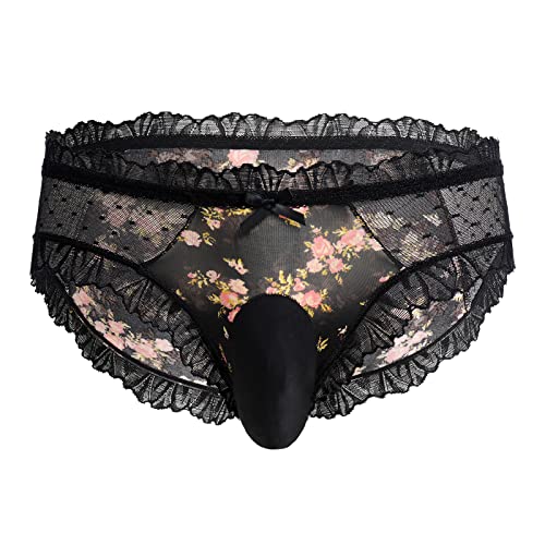 ABAFIP Men's Sissy Lingerie Floral Bowknot Panties Low Waist Sheer Mesh Underpants Crossdressing Bikini Underwear3