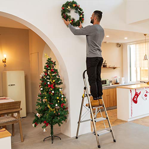 xaestival Lionladder 4 Step Stool Aluminum Ladder Portable Folding Anti-Slip with Rubber Hand Grip 330lbs Capacity,Silver Household Stepladders