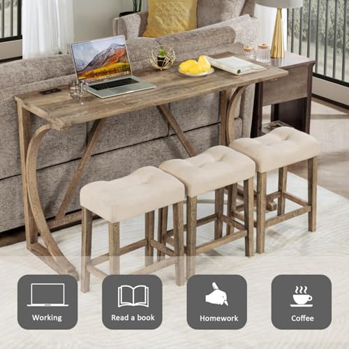 4-Piece Bar Table Set with Built-in Power Outlet and USB Ports,Rustic Faux Wood Grain Bar Table with 3 Upholstered Stools,Space-Saving Counter-Height Dining Set for Kitchens,Dining Rooms (Brown)