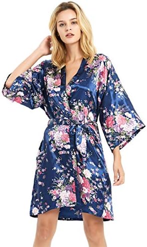 V Vaborous Women's Floral Satin Robes Short Bridesmaid Robes Silk Sleepwear,Floral Navy,S/M