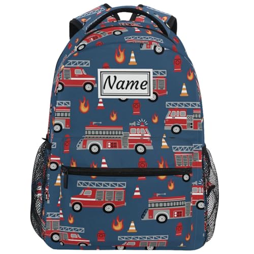 PRyLqKS Mochilas personalizadas con diseño de camiones de bomberos en azul oscuro con nombre, mochila escolar para niños y niñas, 16 pulgadas, Multi9, Talla única