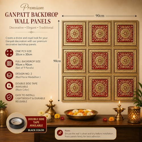 Image of SATYAM KRAFT 9 Piece Ganpati Bappa Backdrop Wall Panels (9 pcs Set) | 30 x 30 CM Each Panel | 90 x 90 CM DIY Mandap Background | 9 Panels | Includes Double-Sided Tape (Red)