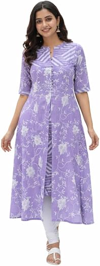 Zivana Fashion Women’s Cotton A-Line Kurti - Floral Printed Calf Length Kurta - 3/4 Sleeve Casual Ethnic Wear