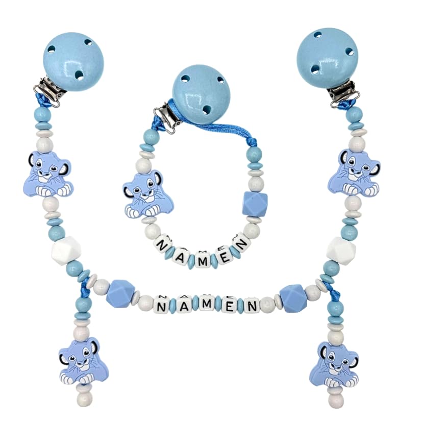 Set Nuckelkette + Kinderwagenkette mit Namen " LÖWE " Babyblau Weiß/Baby/Unisex/Personalisiert/HANDMADE