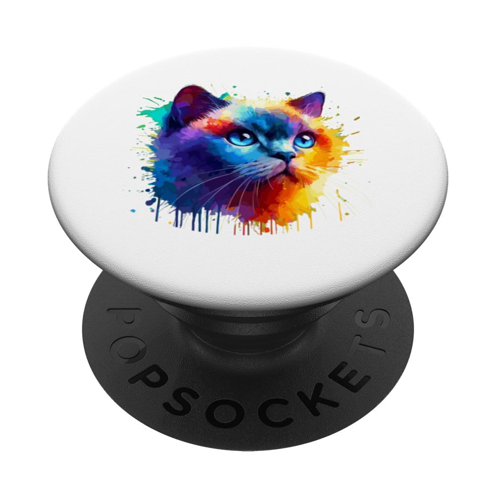Colorful Splash Art Colorpoint Shorthair PopSockets Swappable PopGrip, Black