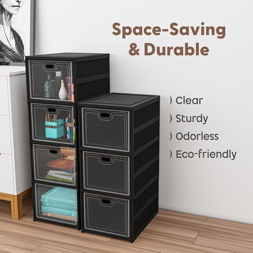 Image of Kuber Industries 3-Tier Transparent Plastic Collapsible Space Saving Closet /Cabinet | Makeup Cosmetics, Books & Stationary Organizer Storage Boxes for Home, Office & Hostel Use | Black
