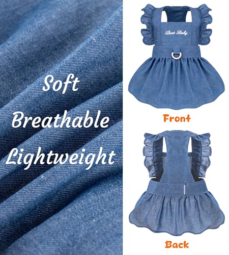 Denim Cat Dog Dress Clothes for Small Dogs with Leash Ring Summer Girl Small Dog Clothes Outfit Belly Velcro Fastening Cat Outfits&Apparel for Girl - Image 7