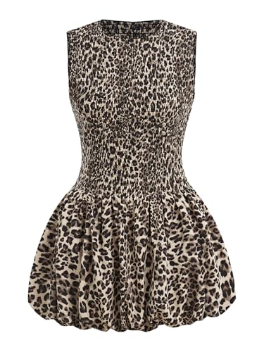 SOLY HUX Women's Leopard Bubble Dress Y2k Cheetah Print Crew Neck Sleeveless Shirred A Line Summer Mini Dresses