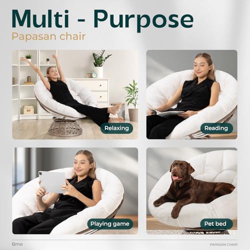 Image of Bme Ergonomic Wicker Papasan Chair with Soft Thick Density Fabric Cushion, High Capacity Steel Frame, 360 Degree Swivel for Living, Bedroom, Reading Room, Lounge, Arctic Snow - Brown Base