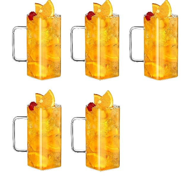 Square Glass Tumblers Set of 5 13oz Thin Glasses with Handles Ideal for Water Juice and Cocktails Set