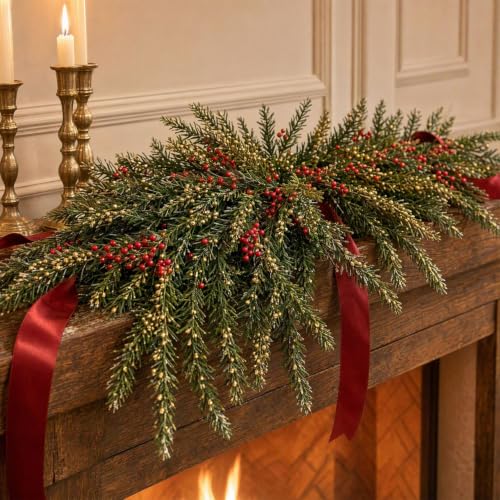 Faux Cedar Branches W/ Red White & Gold Berries Christmas Picks and Sprays | 19'' Artificial Pine Stems for Table Centerpiece Thanksgivng Christmas Wreaths Garland Bedroom Living Room Winter Home Decor - image 7