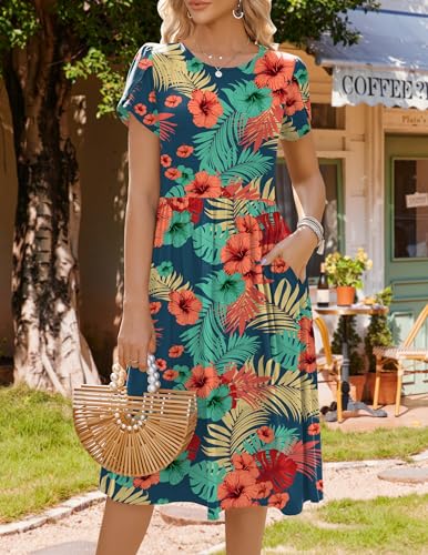 Image of HOTOUCH Women's Summer A-Line Midi Dresses 2026 Casual Floral Short Sleeve T-Shirt Dress Flowy Beach Sundress with Pockets