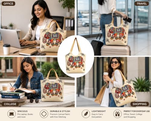 Image of Elephant Print Canvas Tote Bag for Women, Ethnic Shoulder Handbag with Multicolor Elephant Design, Dual Handle Everyday Carry Bag for Shopping, Office, College, Travel & Daily Use