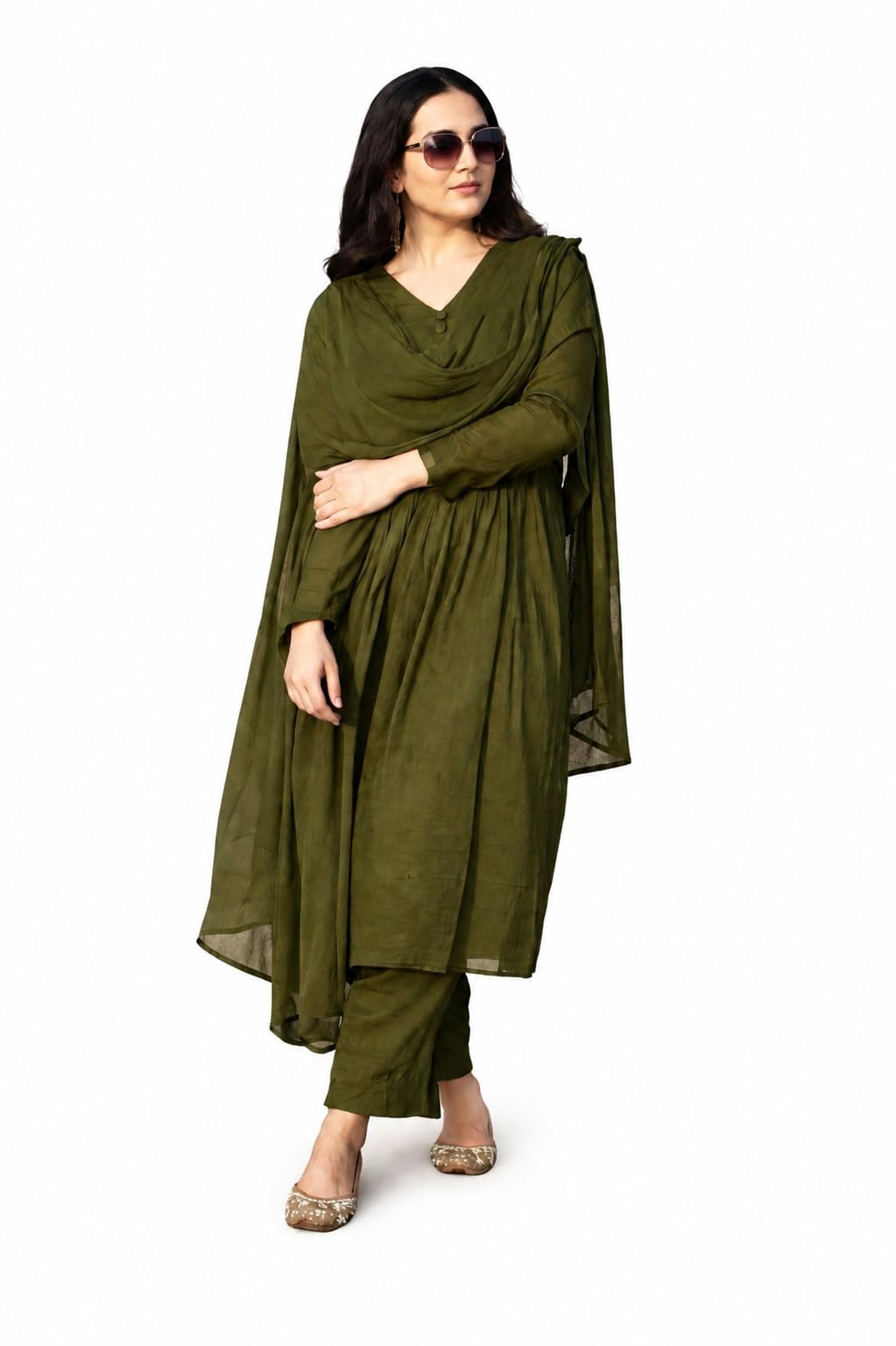 Women's Elegant Olive Green Ethnic Kurta set With dupatta-image-33